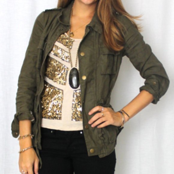 EDC Jackets & Blazers - Green Military Jacket With Added Grey and Camo Hoodie Size Small